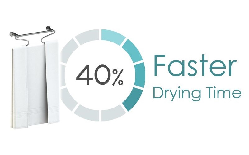 Isometric view of a towel hanging on Airfold with a '40% faster drying' badge